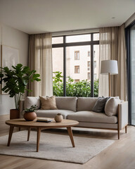 Warm and Inviting Living Room Design Featuring Beige Sofa Couch and Large Windows in Classic Style Home Decor