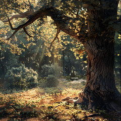 Obraz premium Ethereal Autumn Forest Scene with Intricate Gradient Mesh Detailing for Tranquil Ambience and Natural Beauty