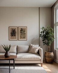 Warm Beige Living Room Design with Classic Sofa Couch and Wide Windows for Abundant Natural Light Home Decor