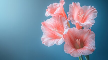 Beautiful pink flowers with delicate petals in soft focus against a light blue background. Generative AI