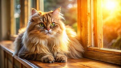 Fluffy Cat Relaxing on Wooden Windowsill at Sunset - Panoramic Stock Photo