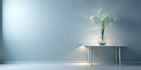 Obraz premium Serene Minimalist Interior Design with White Flowers in Glass Vase on Modern Table Against a Pale Blue Wall