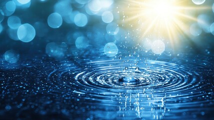 Captivating water droplets dance in sunlit blue background nature macro photography serenity