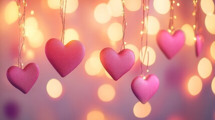 Pink Valentine s Day hearts arrangement on golden bokeh lights background, love and romance concept.