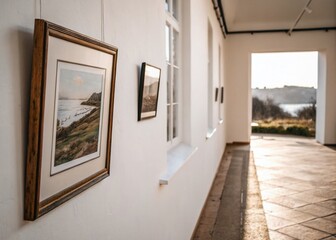 Framed Artwork Hanging on White Wall, Empty Space for Text, Interior Design