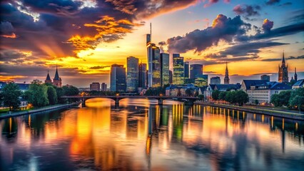Fototapeta premium Frankfurt Skyline Silhouette at Sunset, Germany - Dramatic Cityscape
