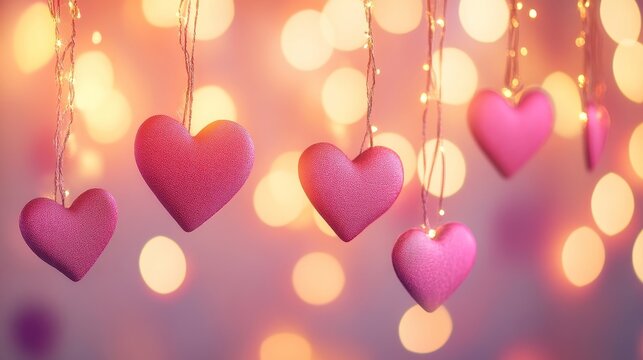 Pink Valentine s Day hearts arrangement on golden bokeh lights background, love and romance concept.
