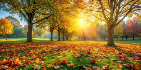 Golden Sunlight Illuminates a Park's Autumnal Canopy,  Creating a Picturesque Scene of Fallen Leaves on Lush Green Grass