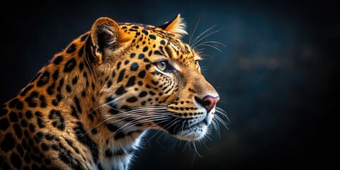 Obraz premium A majestic leopard's side profile, captured in striking detail against a dark backdrop.