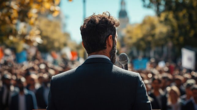 Politician Giving a Speech Outdoors in Front of a Crowd of Supporters at a Political Rally

