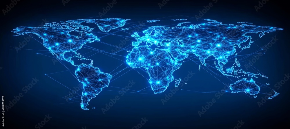 Poster global network map with interconnected nodes and lines, blue tones, shallow depth of field