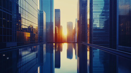 Urban cityscape glass building reflection sunlight minimalist modern architecture horizontal business photo