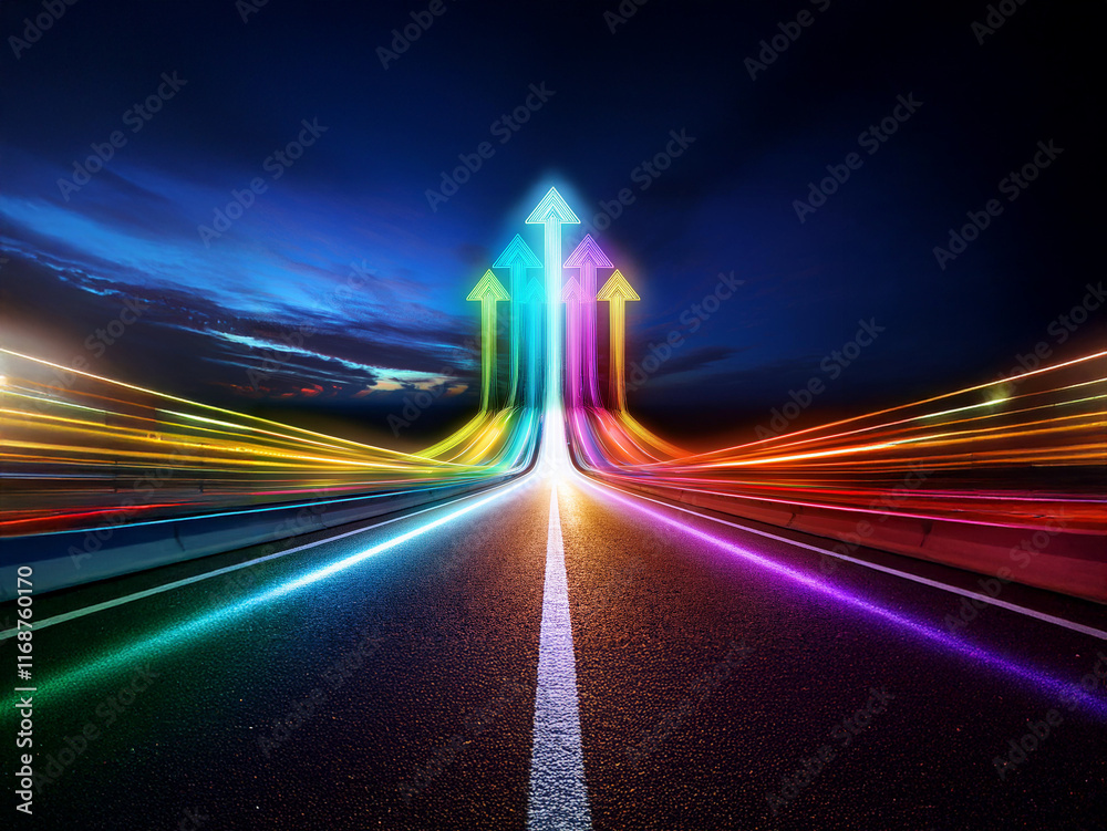 Aufkleber vibrant, multicolored arrows ascend a highway, symbolizing progress and growth against a twilight sk