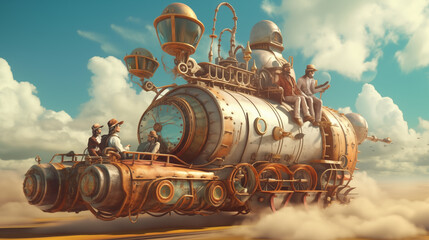 Steampunk airship with crew enjoying adventure in cloudy sky