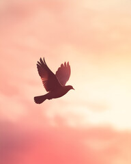 Naklejka premium Dove silhouette glowing in a sunset sky with soft pink and orange hues. Symbols of Peace mockup