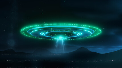 Mysterious UFO descending with a beam of light over a mountainous landscape at night