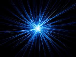 Intense blue energy bursts from a central point, radiating outwards in a mesmerizing fractal pattern against a pitch-black background. The light resembles a star or supernova.