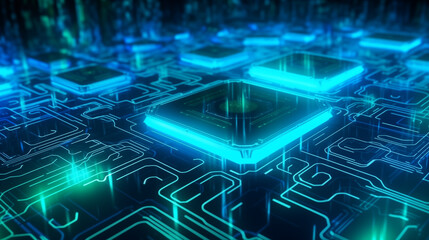 Futuristic technology background with glowing circuits and microchips