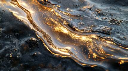 Golden liquid flowing over dark rock, creating an abstract pattern of light and texture.