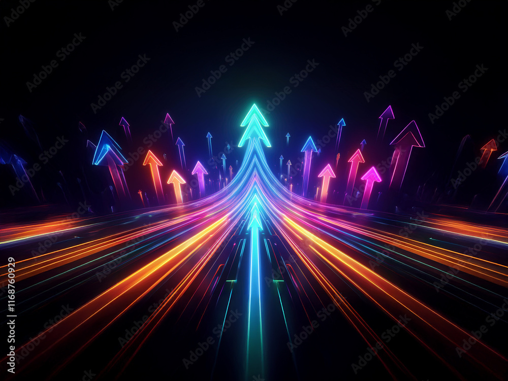 Poster Neon arrows converge on a dark background, forming a dynamic upward path symbolizing growth and progress.  The vibrant colors and light trails create a sense of speed and energy.