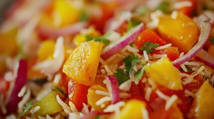 Delicious colorful rice salad with fresh vegetables kitchen food photography bright setting