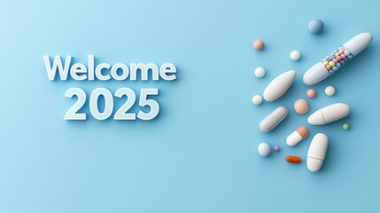 Pills and capsules arranged with "Welcome 2025" text on blue background.