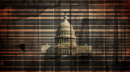 Stylized image of the U.S. Capitol surrounded by abstract stripes and textures