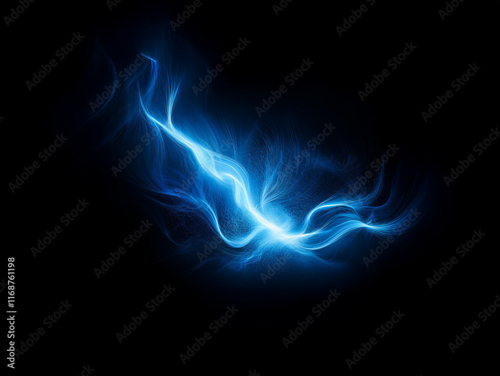 Poster ethereal blue energy flows and swirls, a luminous abstract form against a stark black background. th