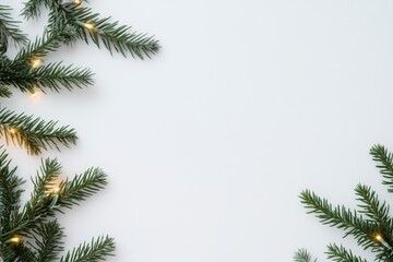 Obraz premium Minimalist Winter Greetings Snow-Covered Evergreen Branches with Twinkling Lights on Pale Background