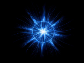 Fototapeta premium Intricate blue energy radiating from a bright central point, forming a circular, starburst pattern against a black background. The image evokes feelings of power and cosmic energy.