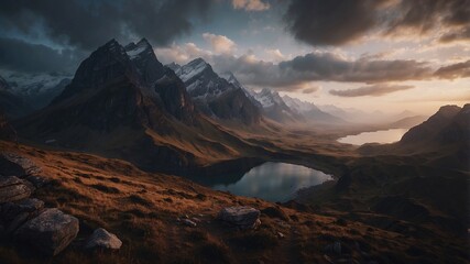 Obraz premium Golden Hour Mountain Lake: A majestic mountain range stands tall against a dramatic sky, with a serene lake reflecting the golden hues of sunset. The rugged landscape evokes a sense of awe and wonder.