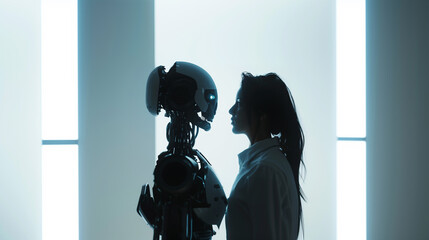 Young Woman Opposite Robot in Studio Confrontation