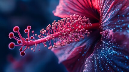 A detailed macro shot of a hibiscus flower, highlighting the intricate pollen structure
