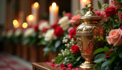 Funeral cremation urn with flowers during final farewell ceremony