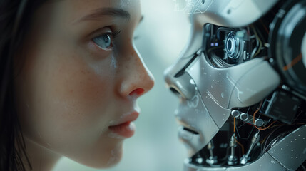 Face to Face Woman and AI in Studio Shot