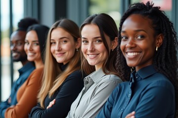 Diverse Group of Young Professionals Smiling Together in Office Setting, Perfect for Team Building and Business Promotion Materials