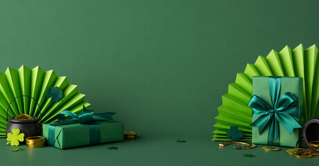 Green side view themed scene with gift boxes, gold coins, and St. Patrick's Day decorations