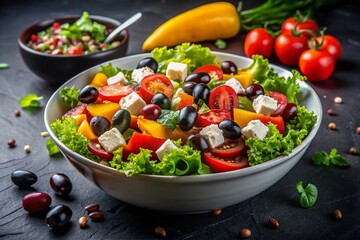 Fresh Vegetable Salad with Lettuce, Olives, Peppers, Tomatoes & Cheese in White Bowl - Dark Background