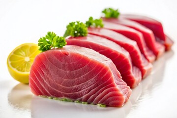 Fresh Yellowfin Tuna Steak Slices, Isolated on White Background - Premium Seafood Image