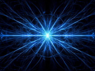 Intricate blue energy radiating from a central point, creating a mesmerizing fractal pattern against a black background.  The luminous glow evokes feelings of power and cosmic energy.