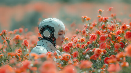 Futuristic Cyborg Woman in a Scenic Flower Meadow
