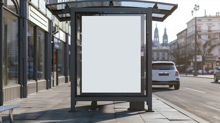 Fototapeta premium Mockup of blank white poster on outdoor billboard at bus stop