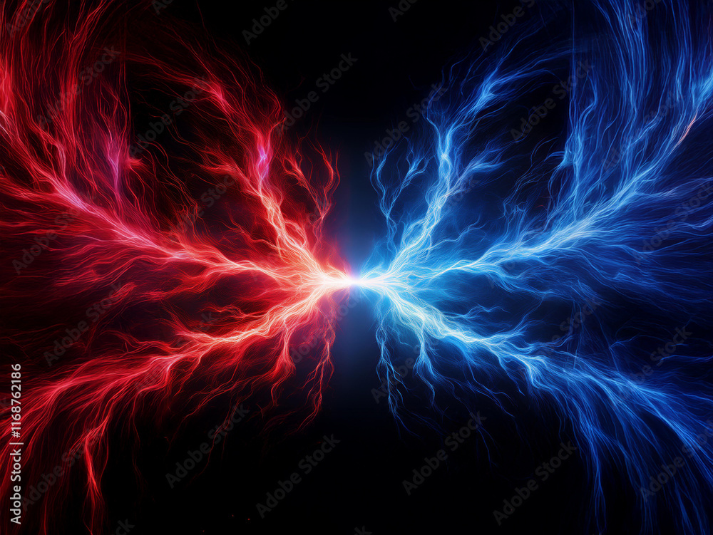 Aufkleber clashing energies: vibrant red and blue plasma streams collide in a dark void, creating a mesmerizin