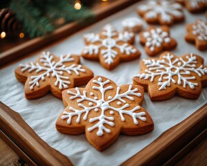 Festive Gingerbread Close-Up with Icing Patterns on Rustic Tray