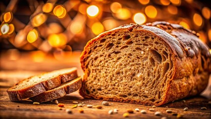 Obraz premium Freshly Sliced Whole Grain Brown Bread: Rustic Tilt-Shift Photography