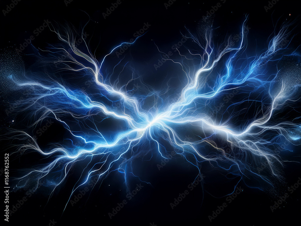 Poster intense blue and white electrical energy bursts across a black background, resembling a cosmic event