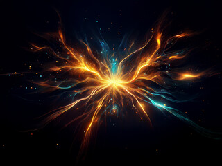 A mesmerizing cosmic butterfly, its wings ablaze with vibrant orange and teal energy, explodes from a central light source against a dark backdrop.  Particles of light dance and shimmer around the eth