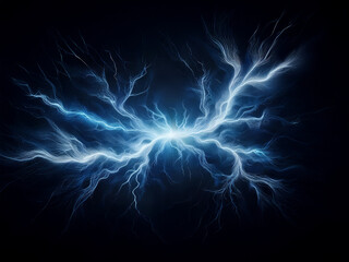 Intense blue electrical energy bursts from a central point, branching into thin, glowing tendrils against a dark background.  The light seems to pulse with power.