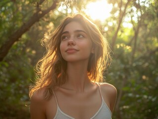 Naklejka premium Radiant Young Woman Embracing Nature in Sunlit Forest