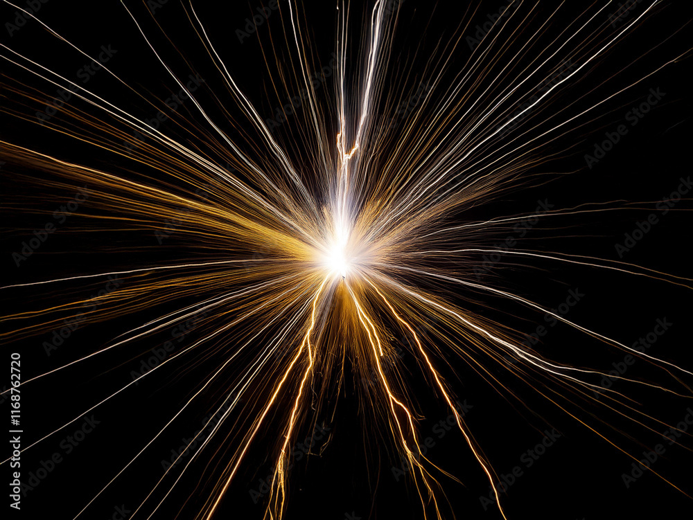 Poster a radiant burst of light, gold and silver streaks exploding from a central point against a black bac